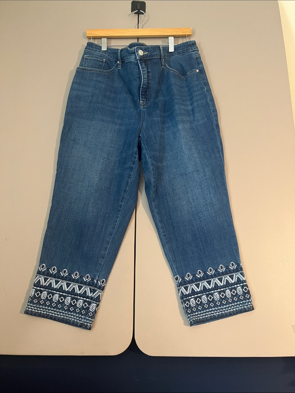 Chico's Blue Cropped Jeans with White Embroidered Hem